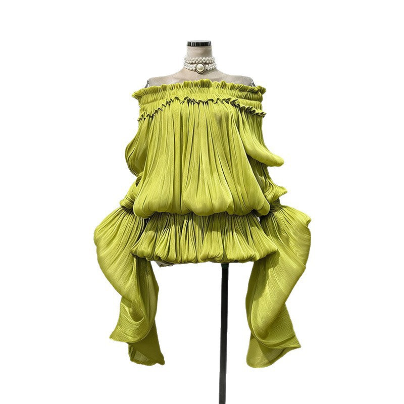 Elegant Off-the-shoulder Short Skirt With Fluttering Straps