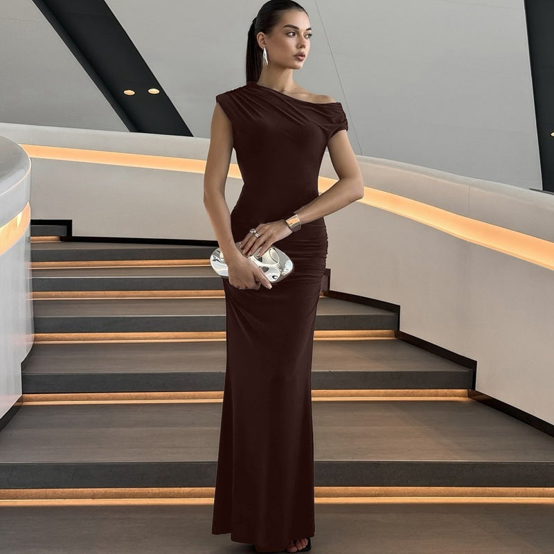 Fashion Pleated Waist Tight Slimming And Shoulder Hollow Sexy Solid Color Dress