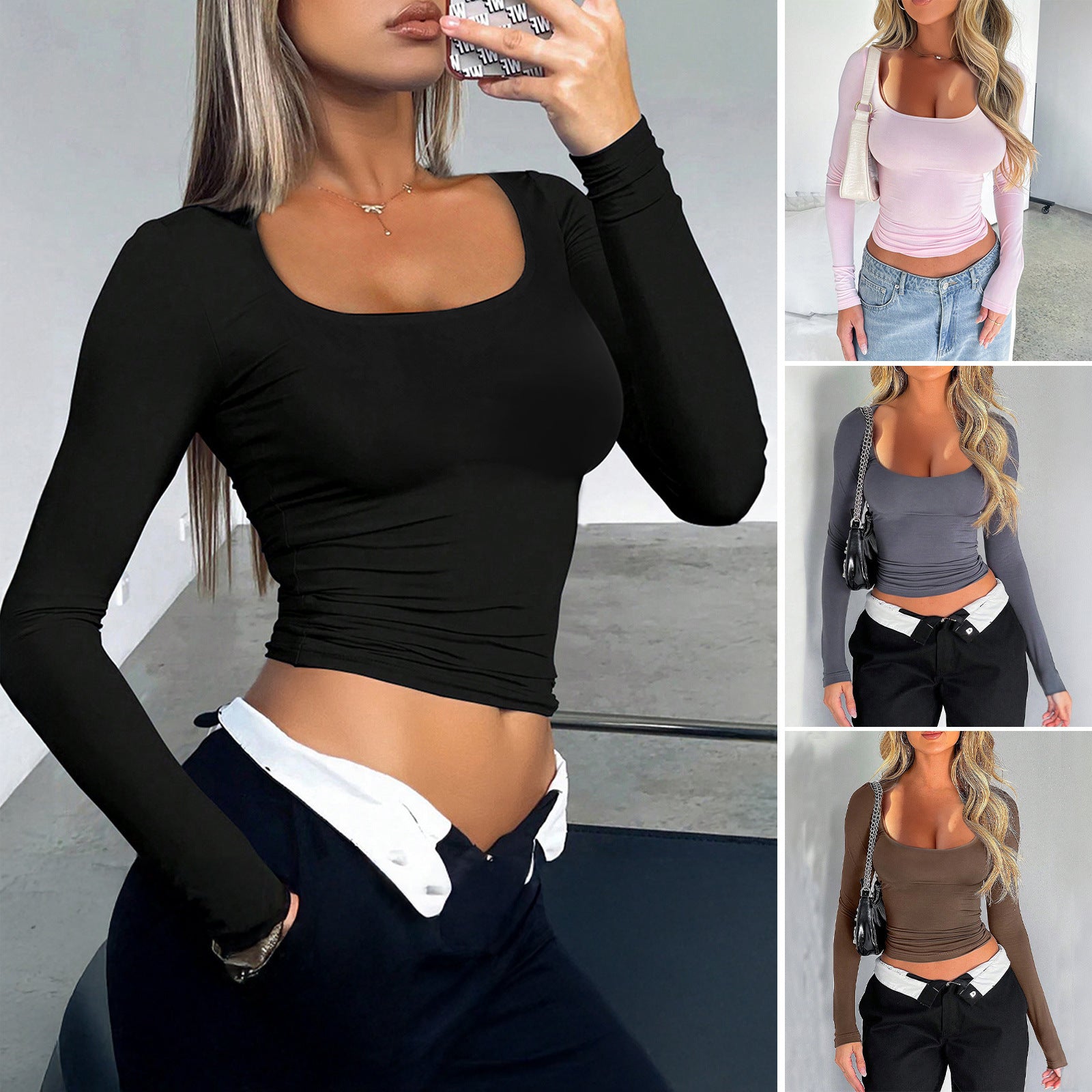 Slim-Fit U-collar Bm Solid Color Long-sleeved T-shirt For Women
