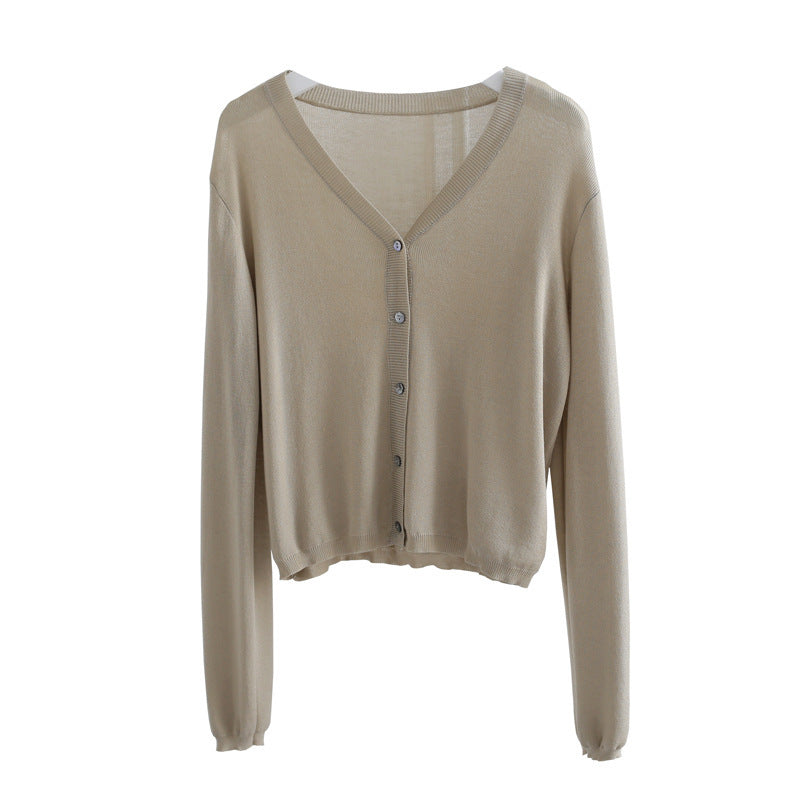 Spring And Summer V-neck Short Tencel Knitted Cardigan Pure Color All-matching