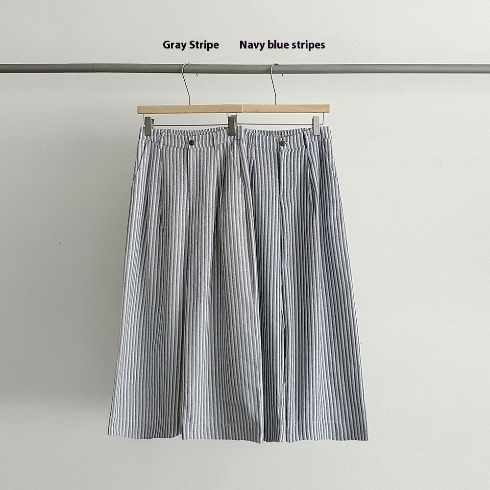 Striped Cotton And Linen Wide-leg Pants High Waist