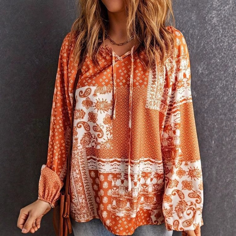 Women's Long-sleeved Printed Ethnic Blouse T-shirt Shirt