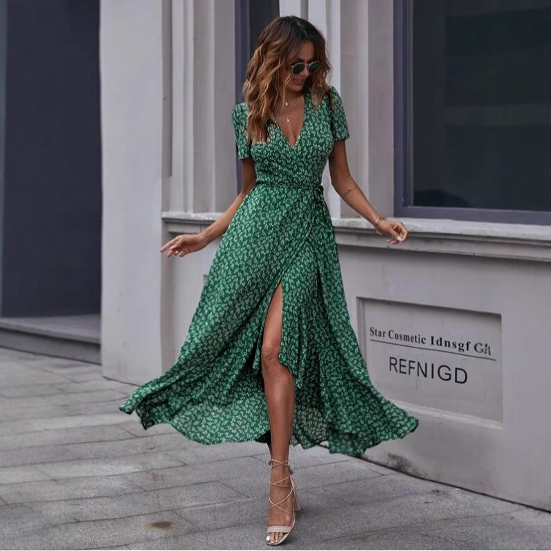V-neck Chiffon Printed Ruffles Tied Dress
