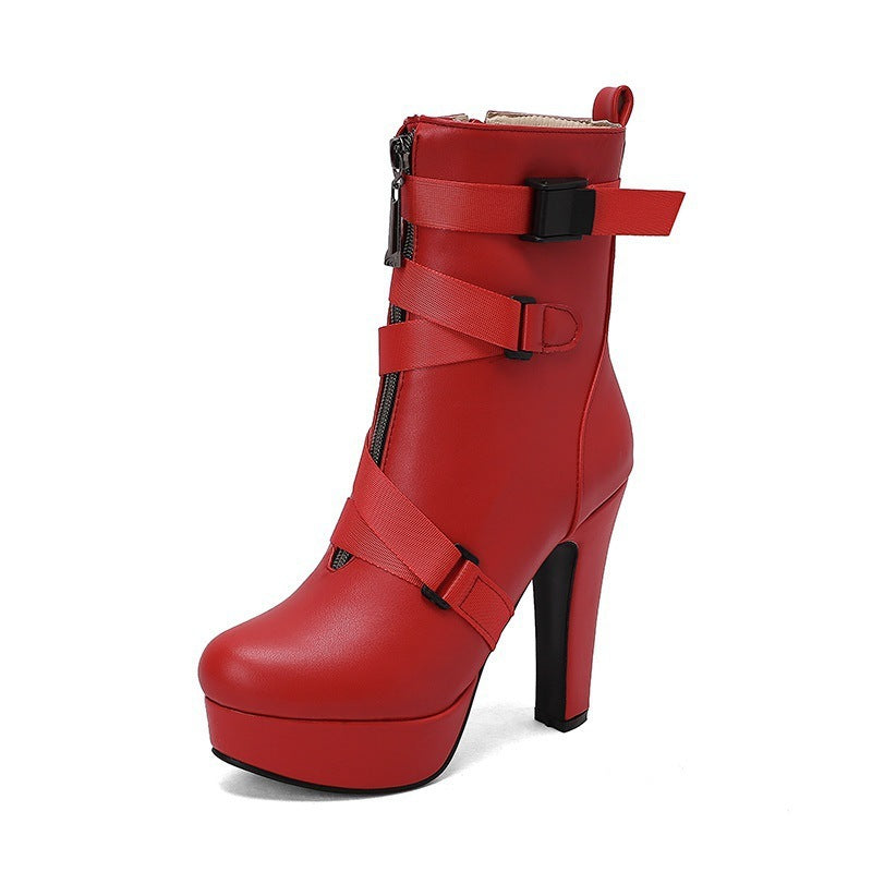 New Womens Mid-calf Boots With Thick Soles And Chunky Heels