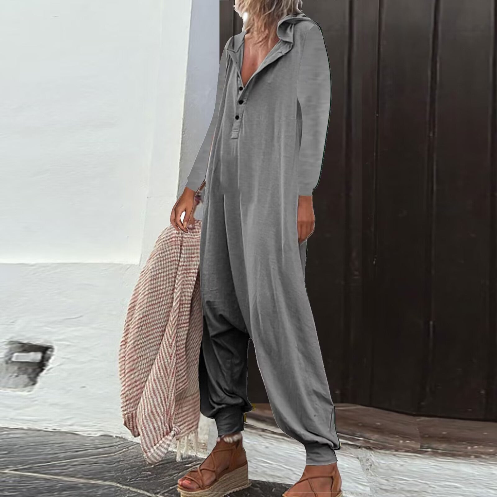 Hooded Side Pocket Long Sleeve Trousers Jumpsuit Baggy Pants