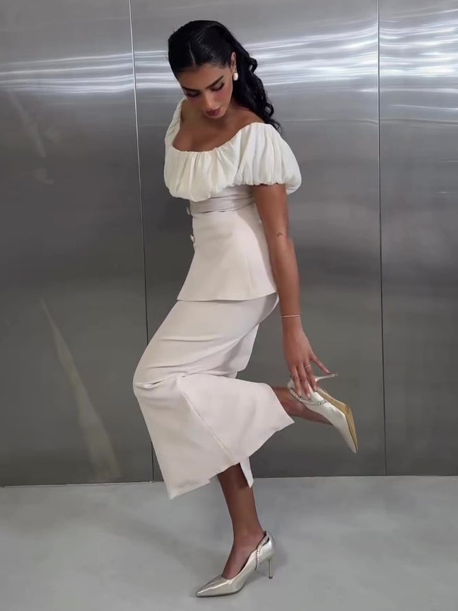 Ivory Off Shoulder Ruffle Top & Tailored High Waisted Skirt 2-Piece Set