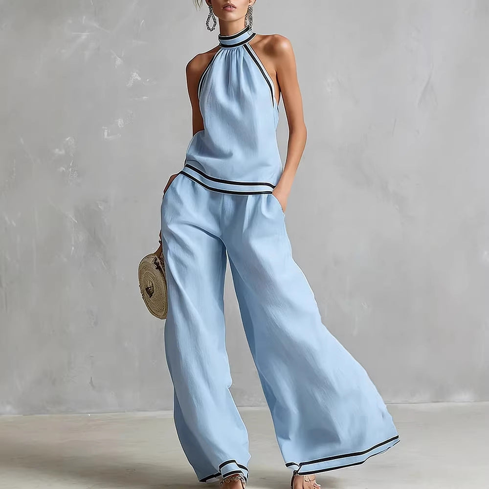 Striped Patchwork Halter-neck Sleeveless Wide-Leg Pants Set