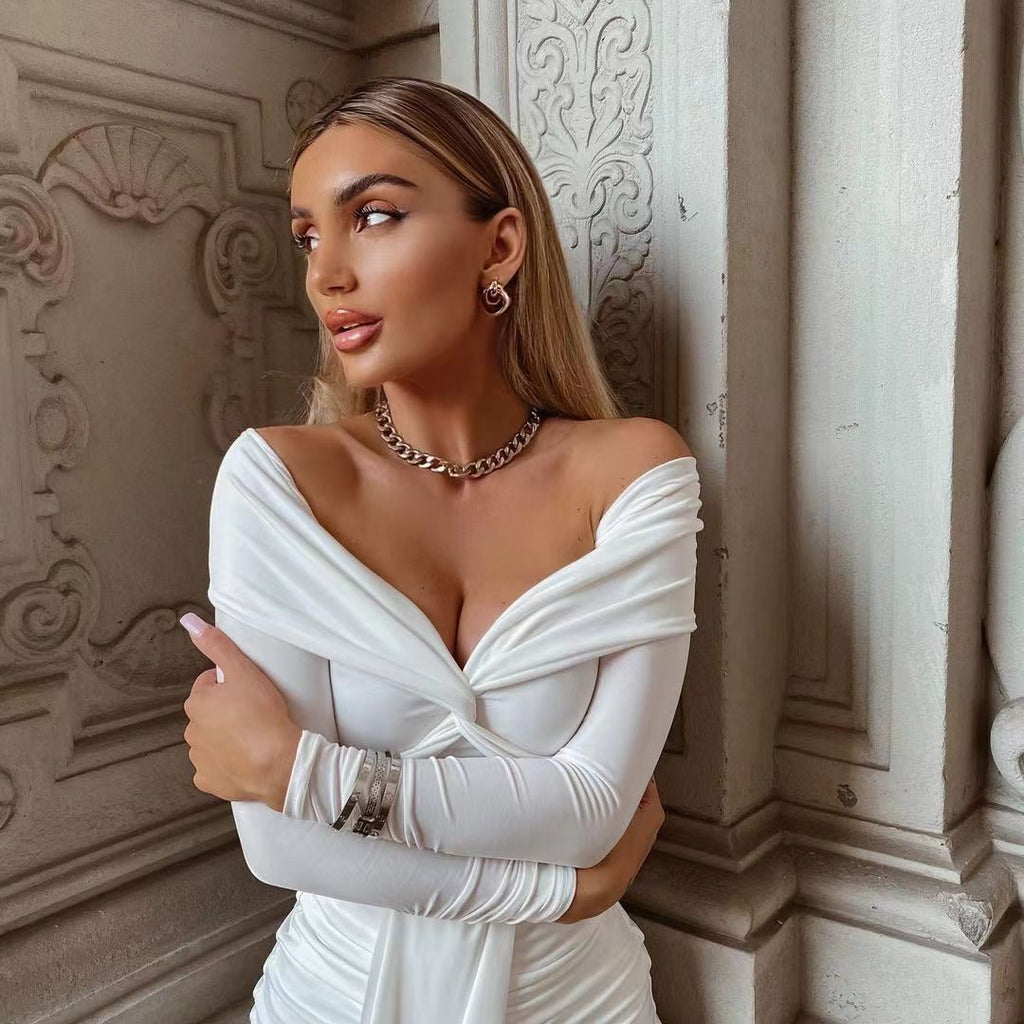 Sexy V-Neck Off-Shoulder Long-Sleeve Pleated Ruffle Dress