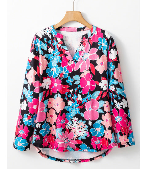 Floral V Neck Roll Tab Sleeve Blouse