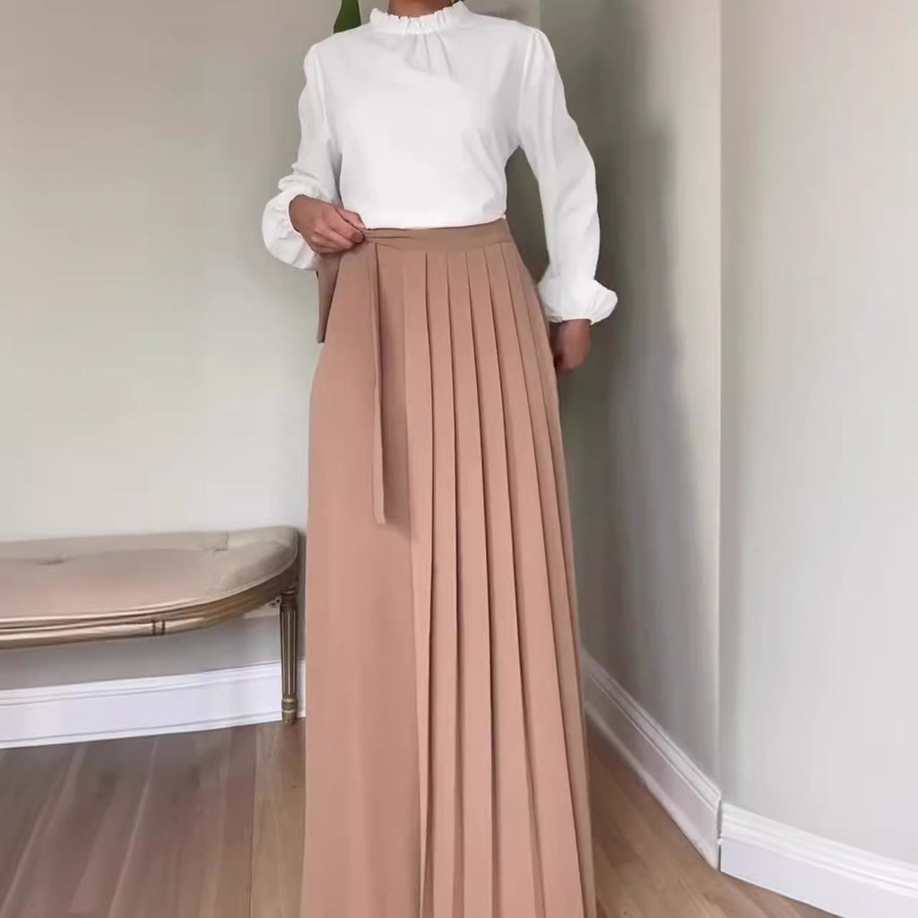 Solid-Color Wide-Leg Pleated Pants With Ties