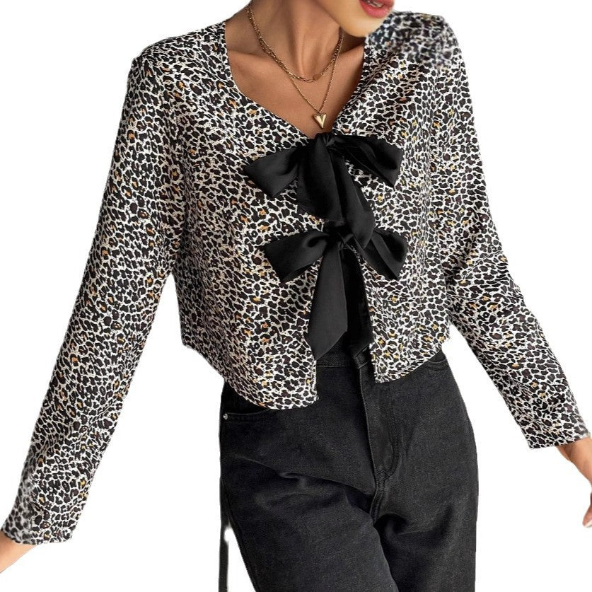 European And American Long Sleeve Leopard Print Cardigan Fashion Design Blouse