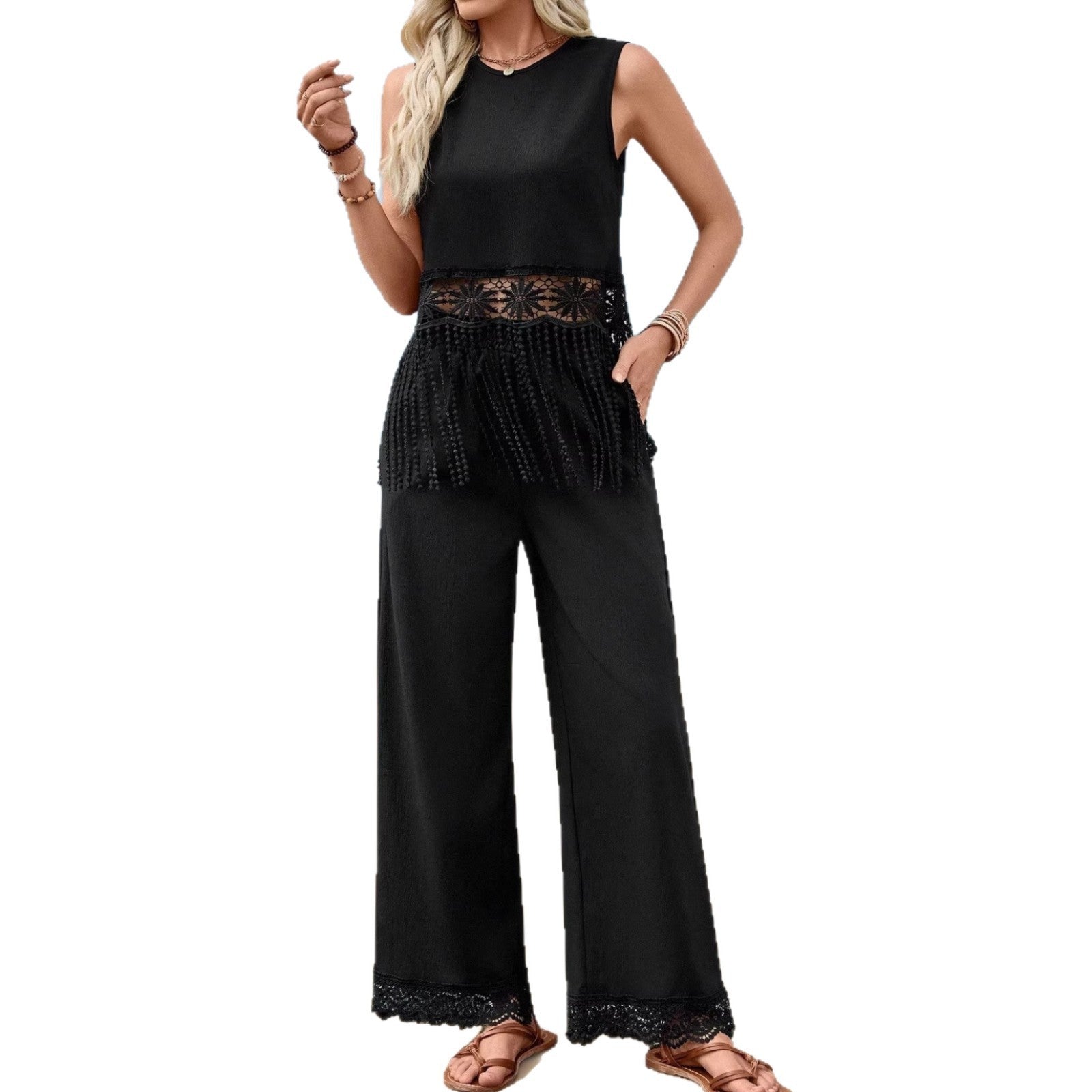 Resort-style Lace Tassel Sleeveless Vest And Wide-leg Pants