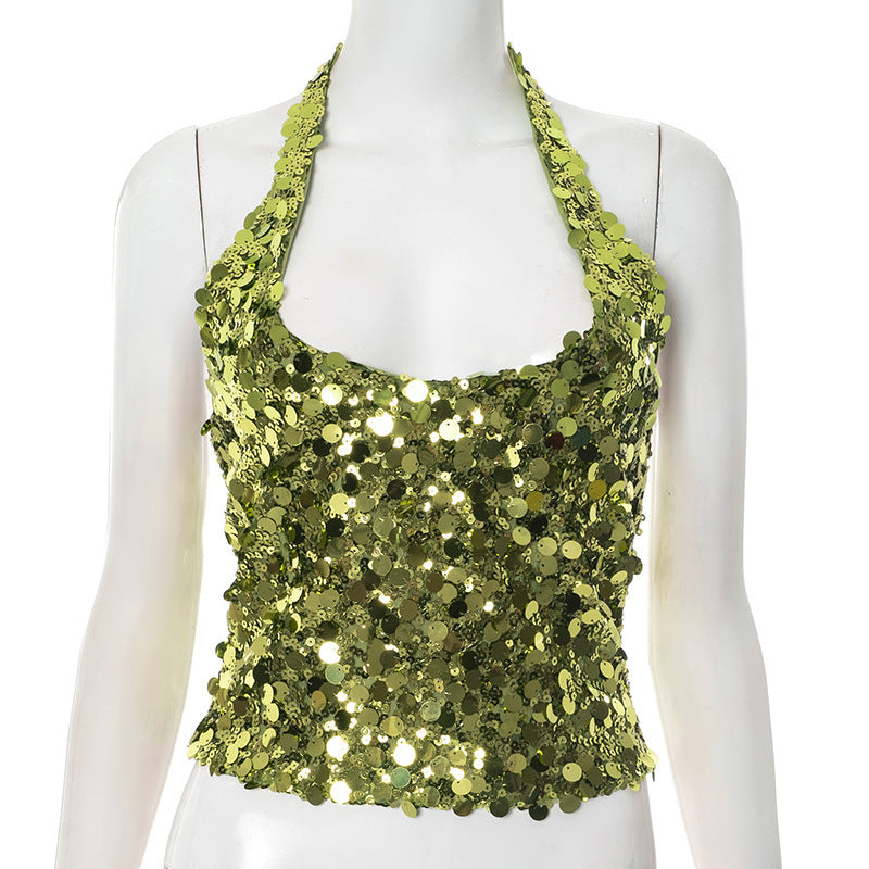 European And American Pure Color Sequins V-neck Halter Zipper T-shirt Top