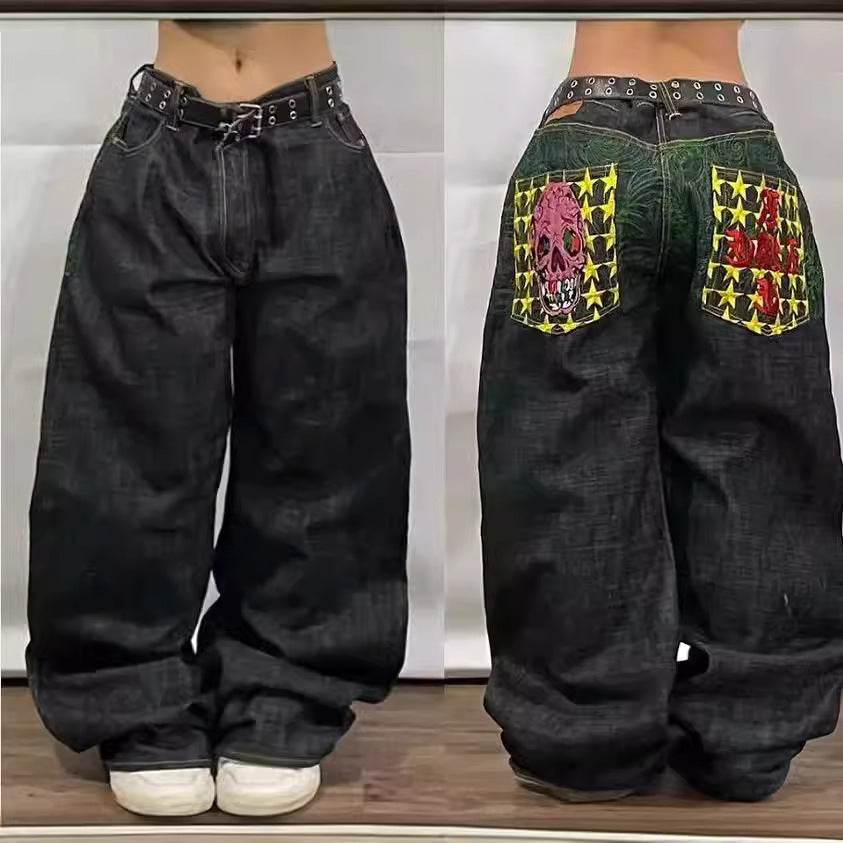 American High Street Personalized Patterns Loose Straight Wide Leg Jeans