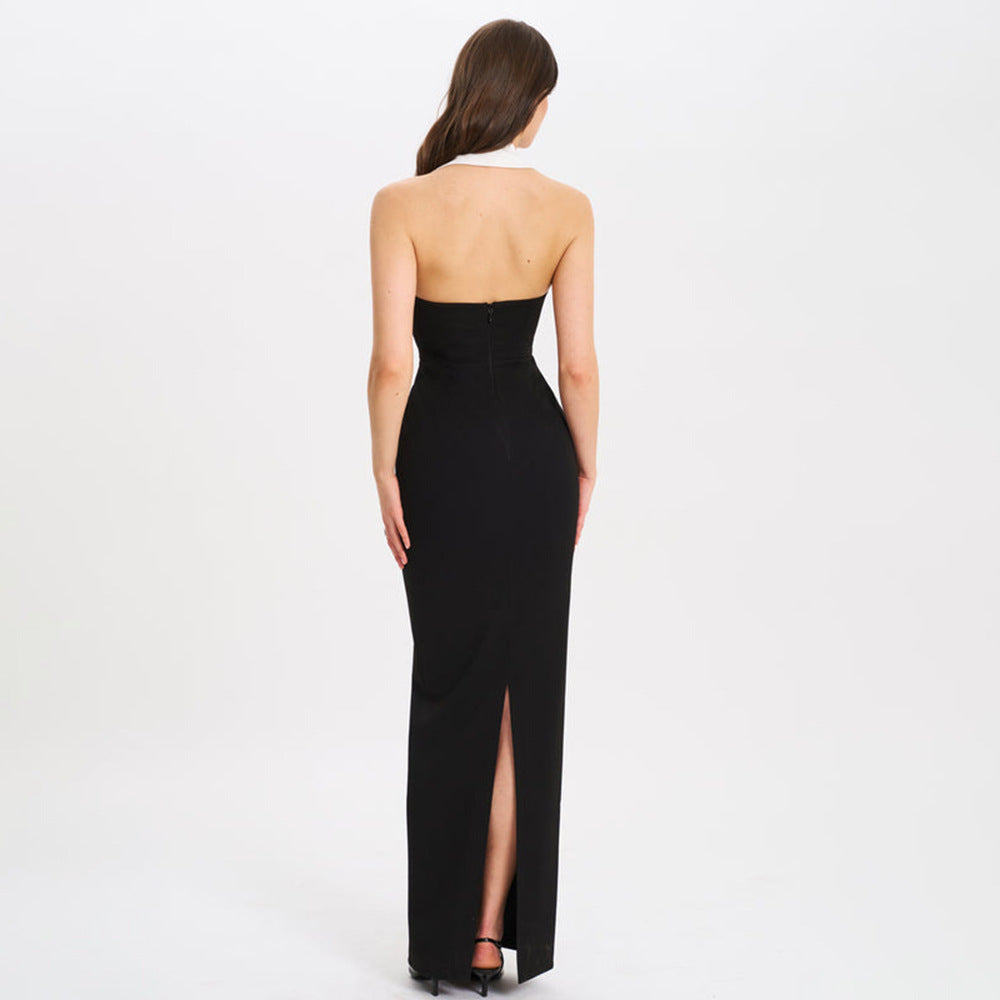 Lapel Backless Slit Dress