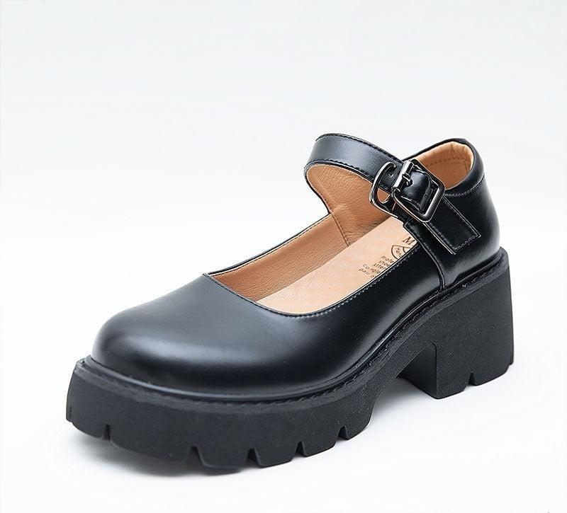 Womens Small Leather Shoes With Retro Japanese-Style Buckles