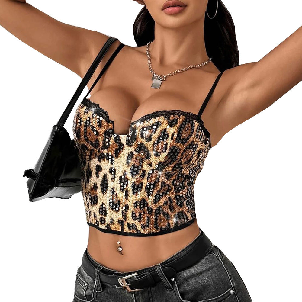 Sequin Leopard Print Adjustable Shoulder Strap Beauty Back Women's Top
