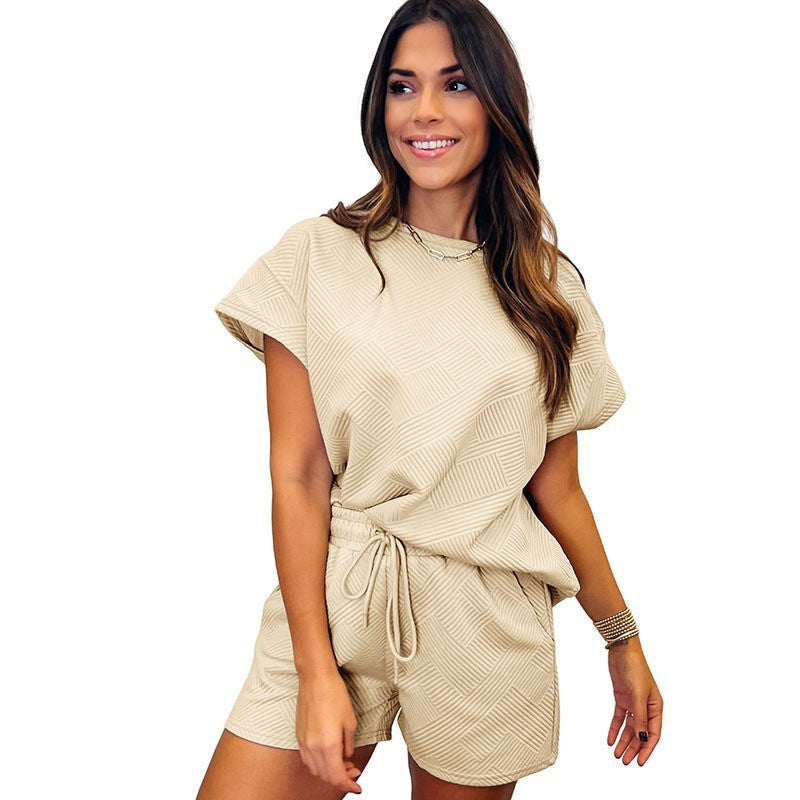 Solid Color Round Neck Short Sleeves Top Shorts Suit
