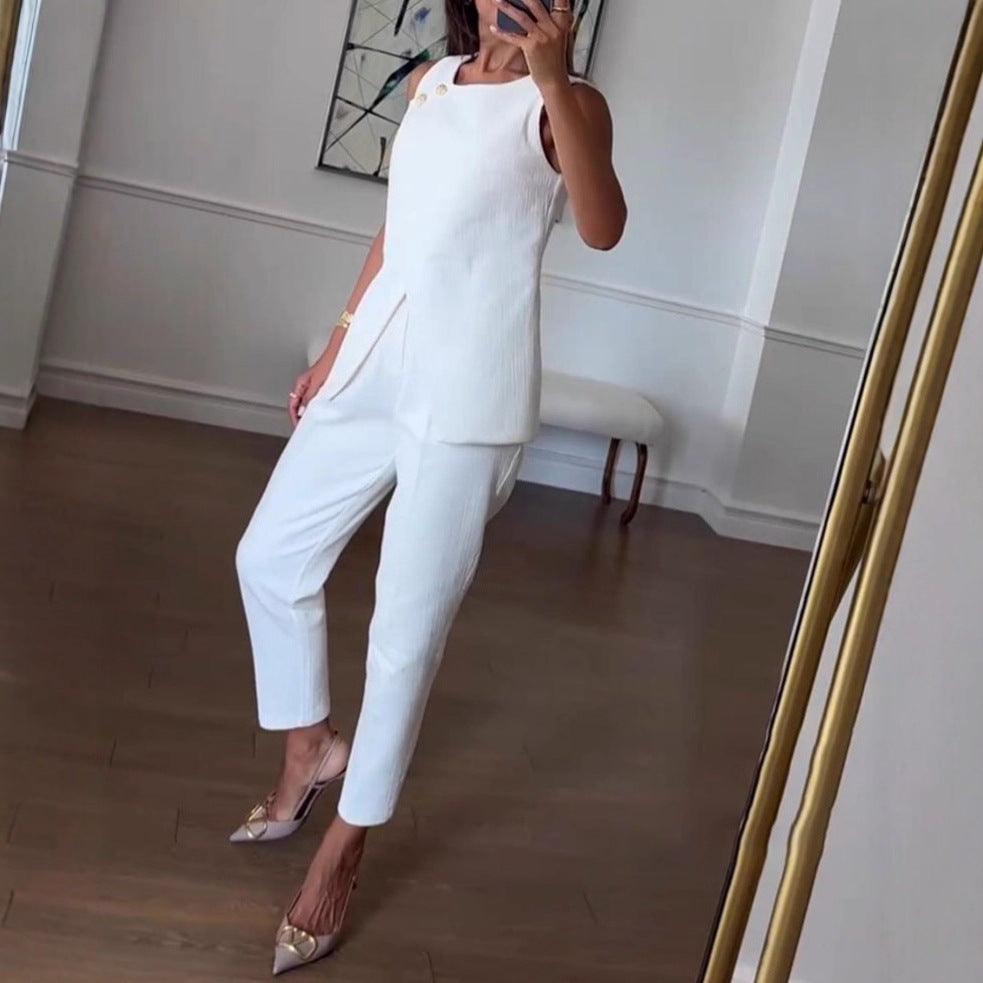 Solid Color Versatile Casual Sleeveless Suit Set