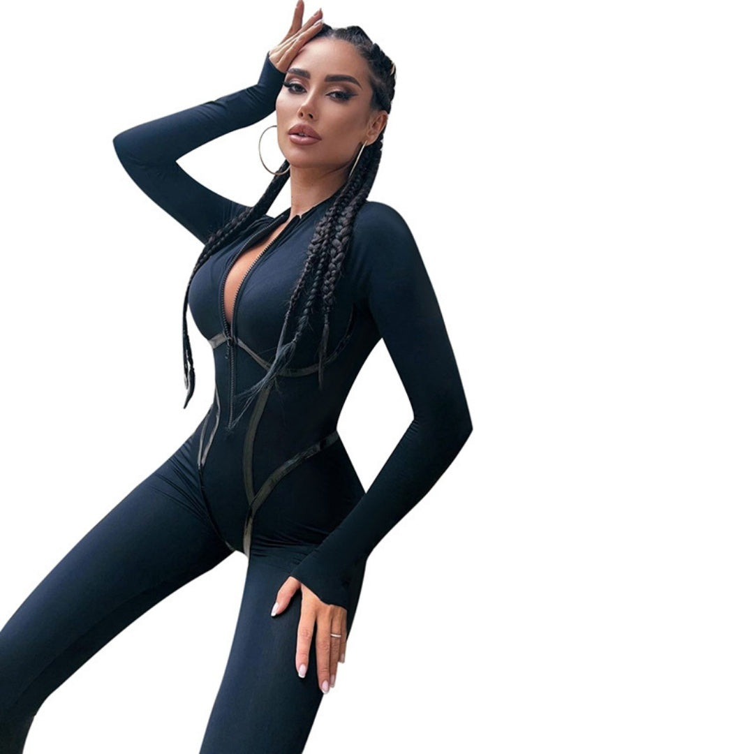 Fashion Sports Leather Ribbon Split Line Long Sleeve Zipper Skinny Hip Raise Jumpsuit