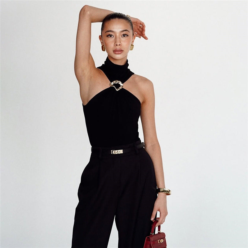 Women's Metal Decorative Turtleneck Slim Vest
