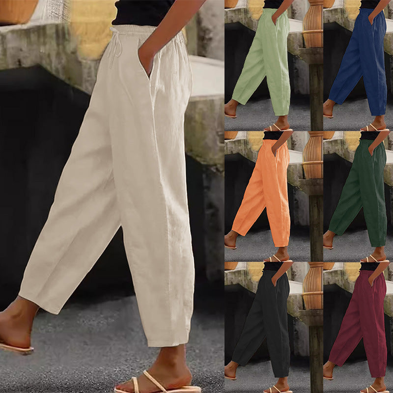 Spring And Autumn New Women's Cotton And Linen Solid Color Fashion Casual Daily Elasticated Slacks