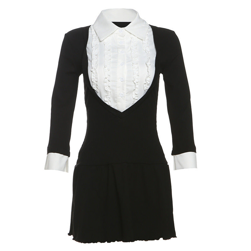 French Fashion Color Collision Design Lapel Breasted A- Line Dress