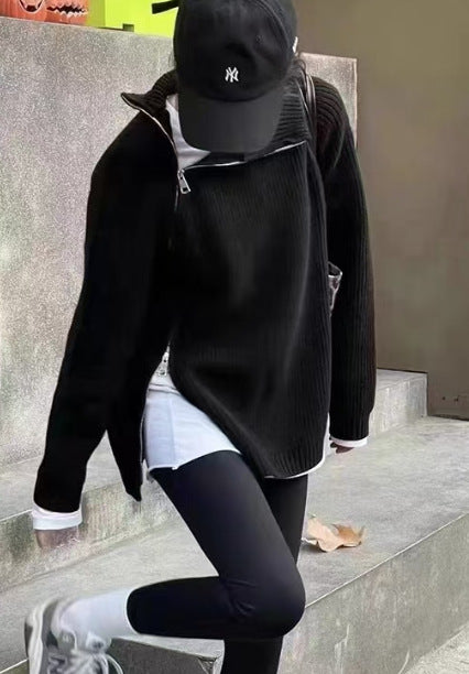 Loose, Mid-Length Effortless-Style Knitted Sweater For Women With Side Zipper And Lapel Design