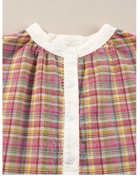 Colorblock Plaid Patchwork Henley Blouse