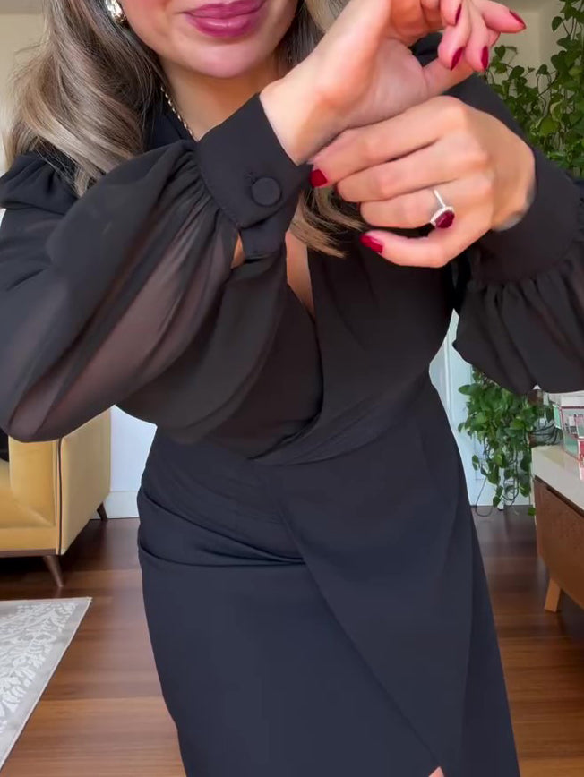 Black V-Neck Chiffon Lantern Sleeve Waist-Cinched Split Midi Dress