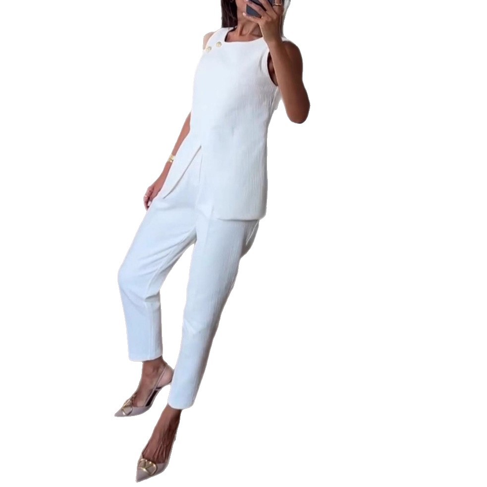 Solid Color Versatile Casual Sleeveless Suit Set