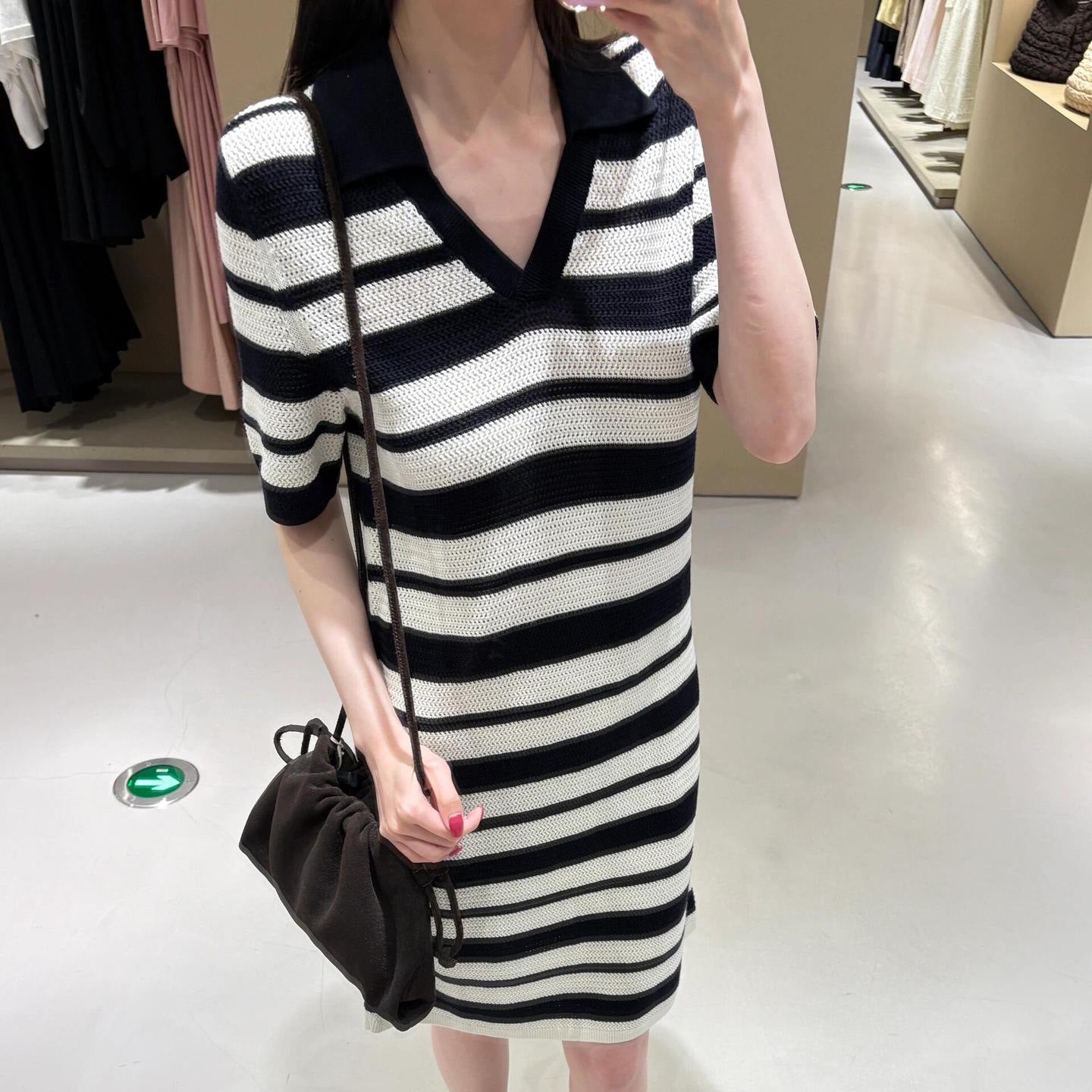 Black And White Striped Hollow-out Blended Knitted Mini Dress Lapel Short Sleeve