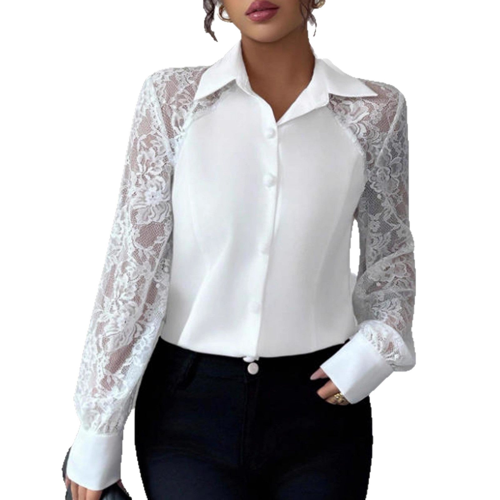 Women's Lace Solid Color Button Long Sleeve Shirt