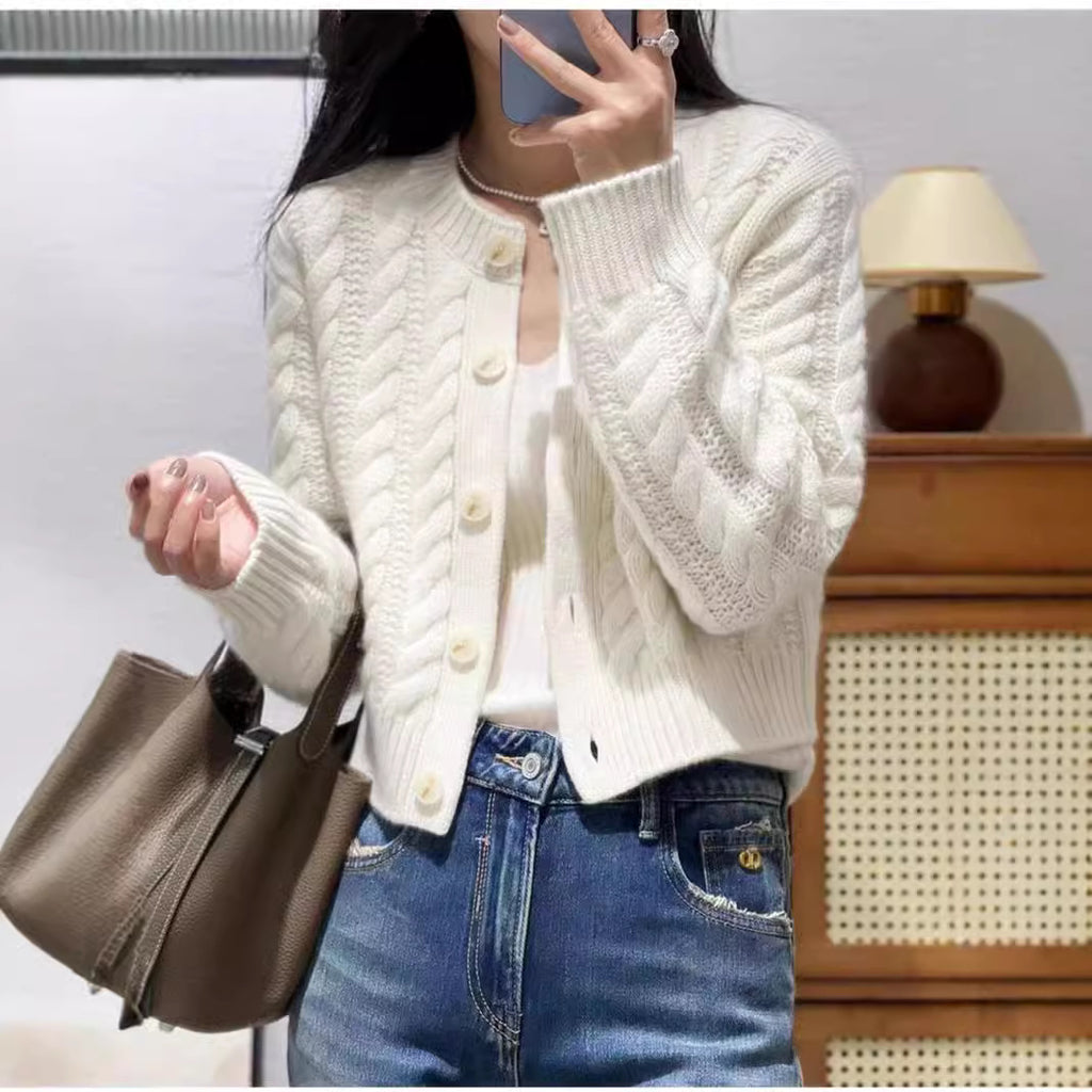 High Waist Thickened Round Neck Twist Soft Glutinous Knitted Cardigan Sweater
