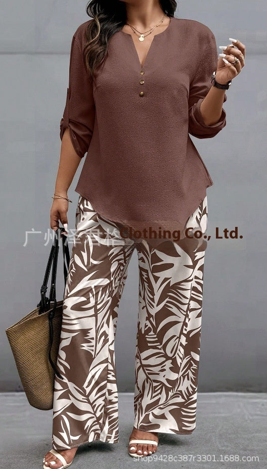 Ladies V-neck Shirt Tropical Plants Printed Pants Suit