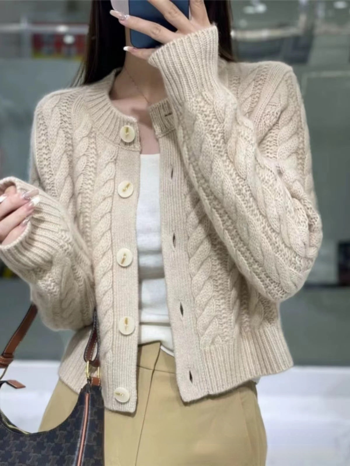 High Waist Thickened Round Neck Twist Soft Glutinous Knitted Cardigan Sweater