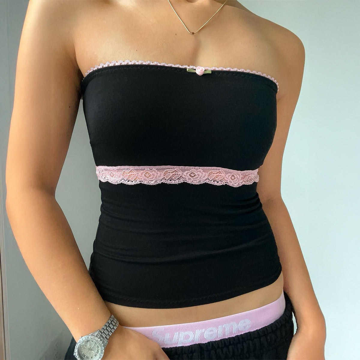 Contrast Color Lace Stitching Tube Top Vest Slim Top