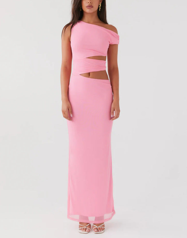Solid Color Sloping Shoulder Dress Women's Summer Hollow-out Midriff Sheath Dress
