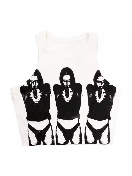 Dark Sleeveless Round Neck Pattern Printed Bare Midriff Slim Fit Women's Vest