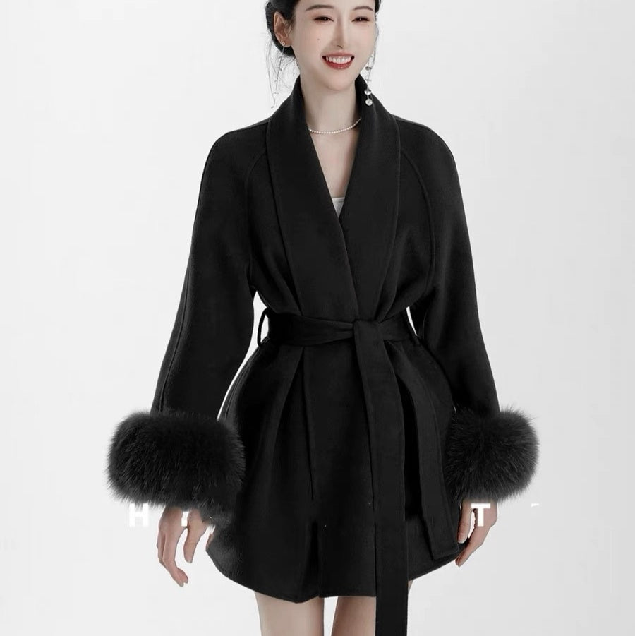 Women's Black Fox Fur Double-faced Cashmere Elegant Short Coat
