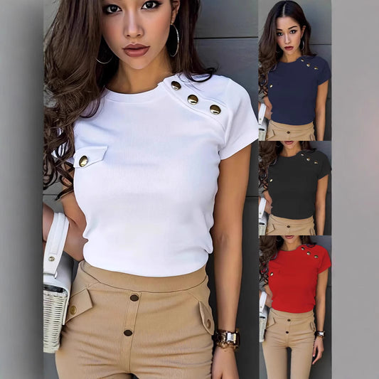 Women's Button Solid Color Round Neck Short Sleeves Casual Top