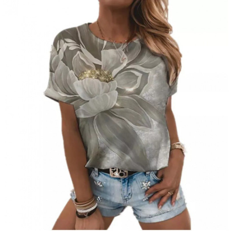 Artificial Cotton 3D Sunflower Print Round Neck T-shirt