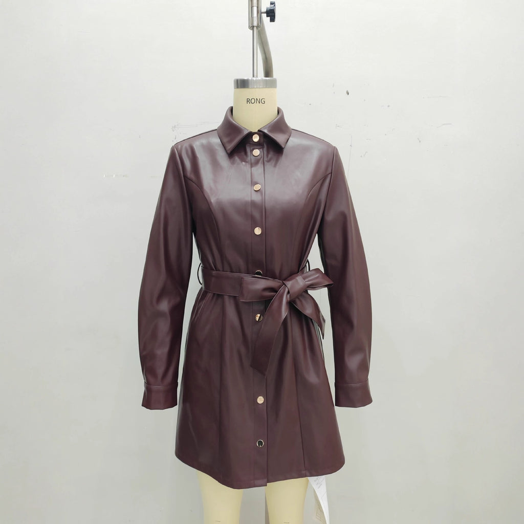 Belted Long-sleeve Leather Trench Fashionable Women's Coat