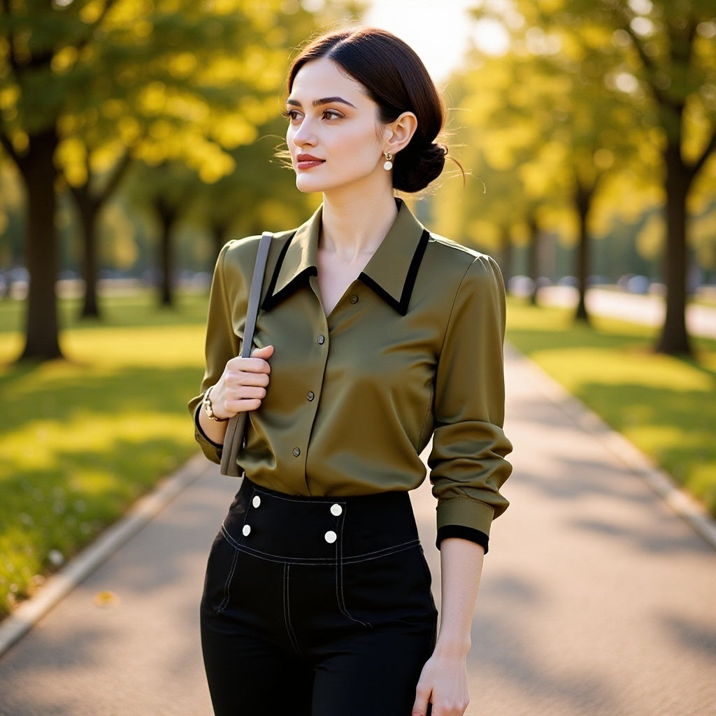 Fashionable High-end Olive Green Lapel Long-sleeved Shirt