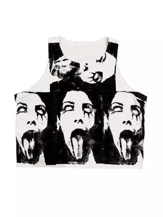 Dark Sleeveless Round Neck Pattern Printed Bare Midriff Slim Fit Women's Vest