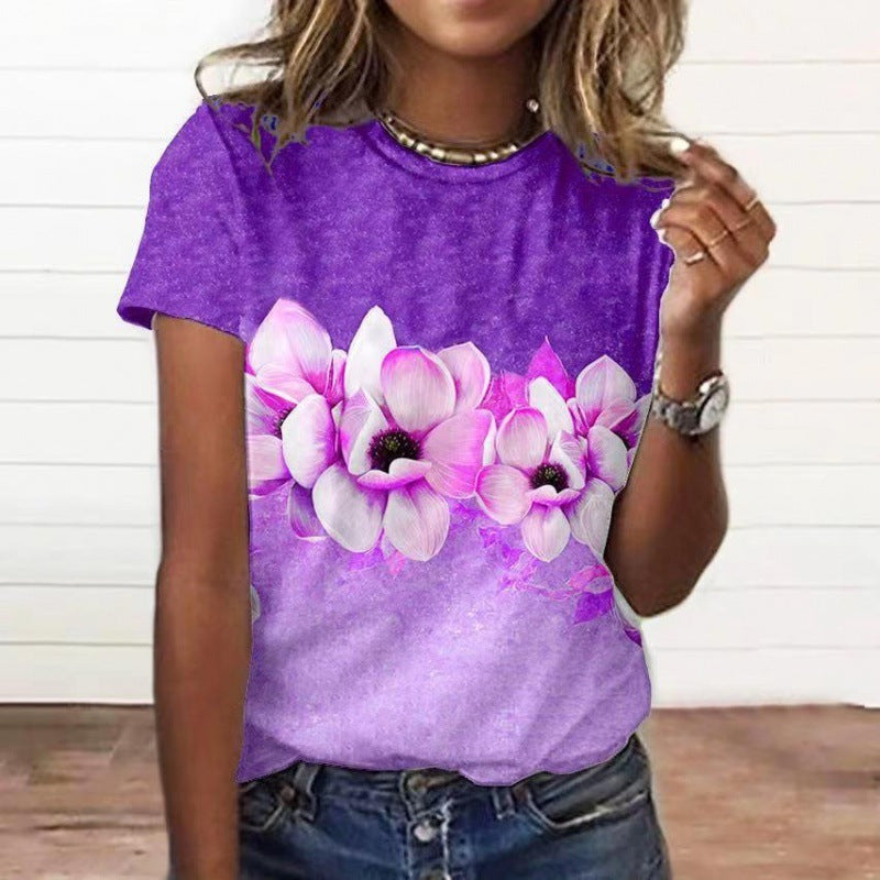 Artificial Cotton 3D Sunflower Print Round Neck T-shirt