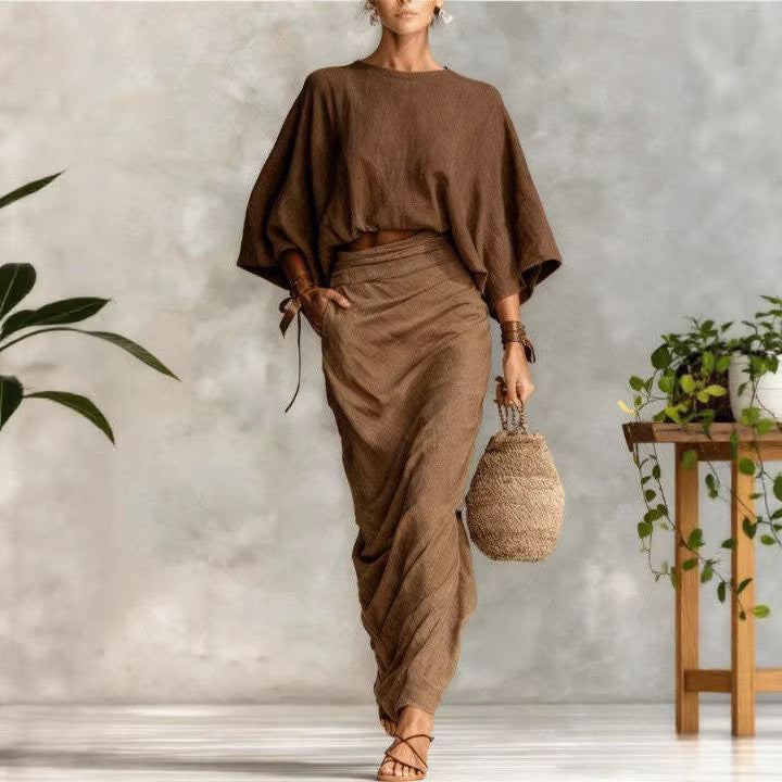 Women New High-Waisted Midi Skirt Set