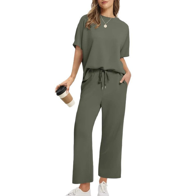 European And American Women's Solid Color Short-sleeved Casual Wide-leg Pants Suit