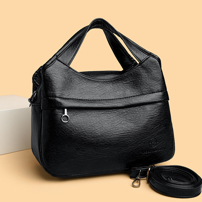 Retro-style Fashionable Patchwork-print Soft Leather Multi-compartment Tote Bag For Women