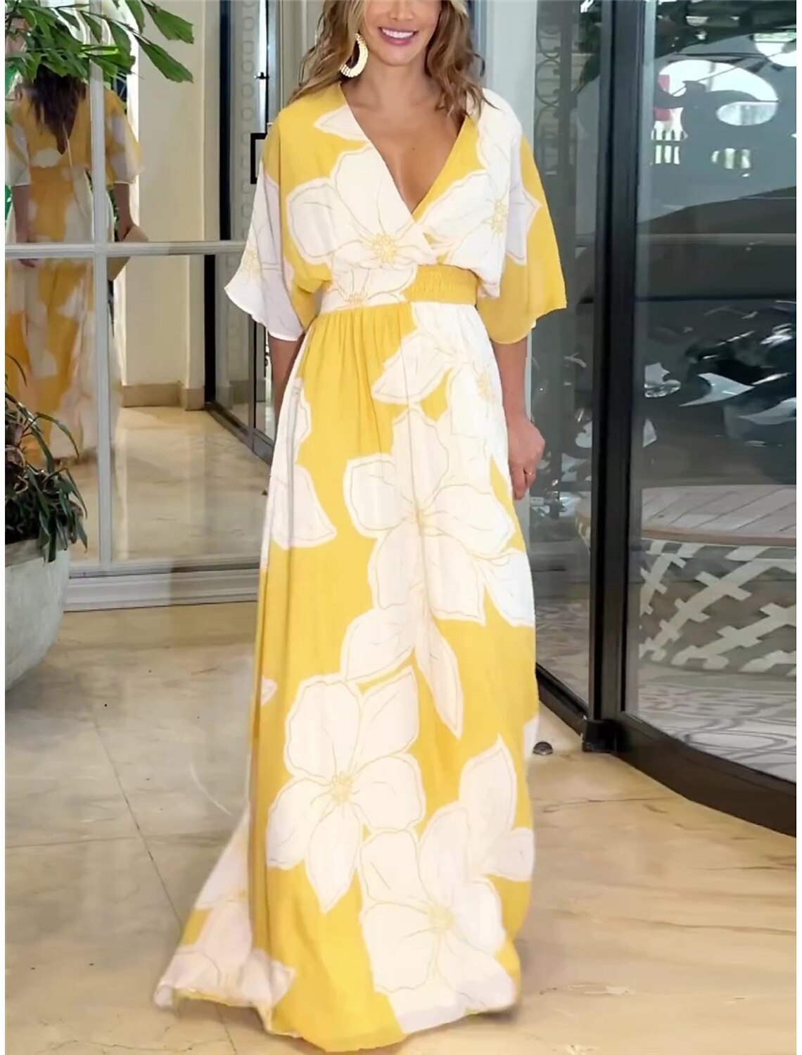 Flower Printed V-neck Long Dress
